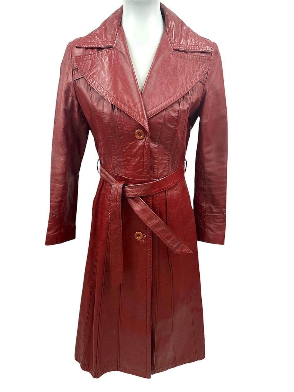 Vintage 70s Cosa Nova Penny Lane Cranberry Red Belted Leather Trench Coat